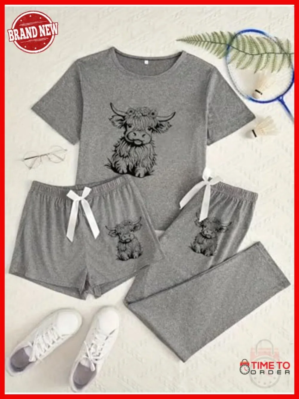 3-Piece Women's Pajama Set: Long Sleeve Top, Full Pants, Shorts, Cow Print